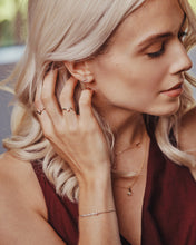 Load image into Gallery viewer, Ceejayeff Model wearing delicate gold and diamond jewelry