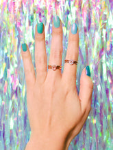 Load image into Gallery viewer, Ceejayeff curve ring and pear point ring in different gold tones on a hand