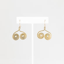 Load image into Gallery viewer, Pair of gold spiral earrings on a white card with a white background